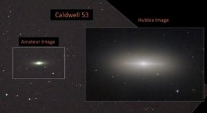 Left: amateur image, right: Hubble image of Caldwell 53. Both images show a lenticular galaxy against a star-dotted black background. The Hubble image reveals more detail in the galaxy.