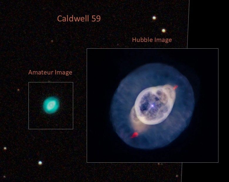 Left: amateur image, right: Hubble image of Caldwell 59. The left, amateur image appears as a small, aqua-colored cloud with a white oval interior cloud. The right, Hubble image appears as a large oval cloud with different layers. The outer layer is blue. The inner layer is a white ring with two white lobes that have what appears to look like red jets at each end. The center is less dense and holds a bright-white point of light.