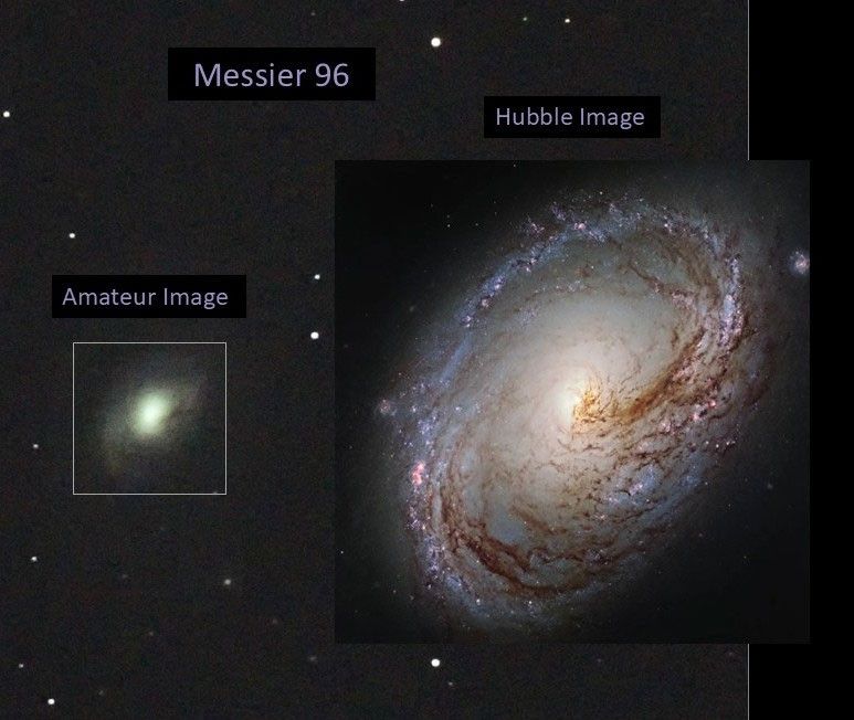 Left: amateur image, right: Hubble image of Messier 96. The amateur image of the galaxy has a bright, greenish-white core surrounded by a greenish-white glow bisected with dark dust. The Hubble image reveals dark dust lanes, pinkish-white star forming regions, and bluish areas of young stars, along with a bright-white core.