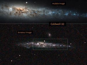 bottom: amateur image, top: Hubble image of Caldwell 32, an elliptical galaxy.