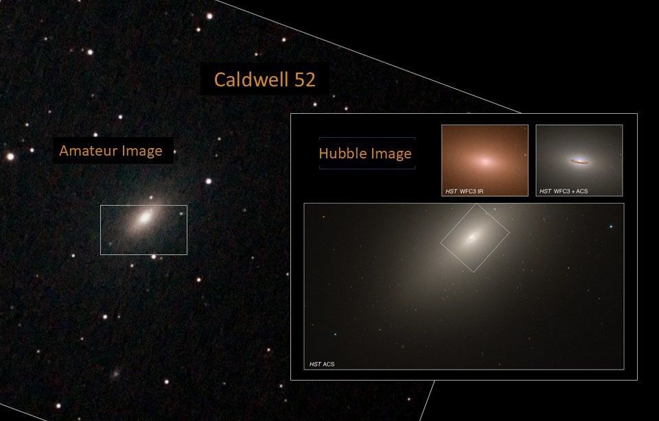 Left: amateur image, right: Hubble image of Caldwell 52. The left, amateur image shows an elliptical galaxy on a black background dotted with stars. The right, Hubble image shows a portion of the elliptical galaxy along with more detailed images of its core.