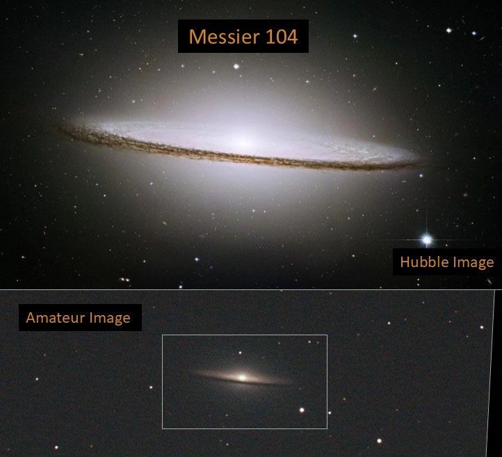 Top, Hubble image, bottom amateur image of Messier 104. The Hubble image image appears like a dusty disk tilted slightly to the right. The disk has a bright-white center and a large spherical glowing halo that extends beyond the dusty disk. The bottom, amateur image, is tilted at the same angle, but the galaxy is much smaller and the halo isn't as bright in this image.