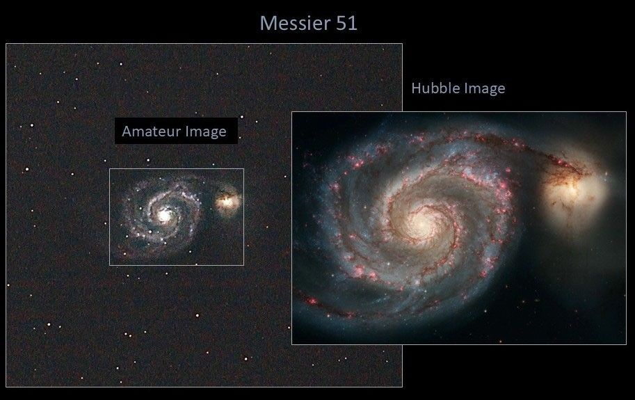 Left: amateur image, right: Hubble image of Messier 51, which appears as a majestic, face-on spiral galaxy.