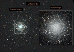 Left: amateur image, right: Hubble image of Messier 53. Both images reveal a sphere of stars. However, the Hubble image resolves individual stars in the bright core of the cluster.