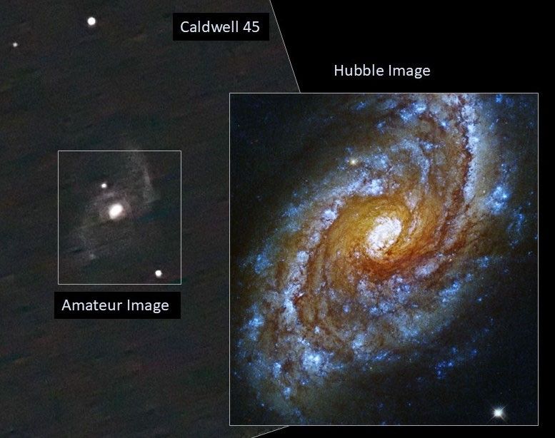 Left: amateur image, right: Hubble image of Caldwell 45. The left, amateur image shows the galaxy's bright core and its two brightest spiral arms. The right, Hubble image reveals dark dust lanes outlined by bright-blue-white areas of young stars. The right image reveals detail in the galaxy's bright-white core.