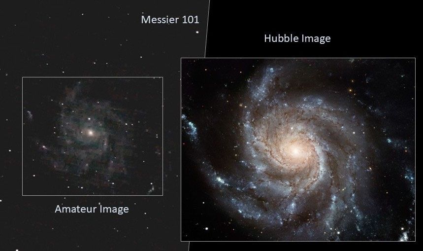 Left: amateur image, right: Hubble image of Messier 101. Both images reveal a pinwheel, spiral galaxy, but the Hubble image is much brighter, larger, and reveals much more detail. The Hubble image shows dust lanes in the galaxy's spiral arms along with star clusters and gas clouds.