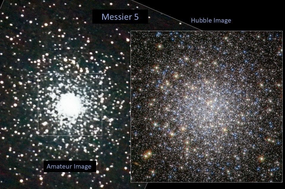 Left: amateur image, right: Hubble image of Messier 5. Both images reveal a spherical swarm of stars. However, the Hubble image reveals many more stars and in colors of yellow, blue, and white.