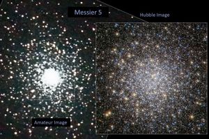 Left: amateur image, right: Hubble image of Messier 5. Both images reveal a spherical swarm of stars. However, the Hubble image reveals many more stars and in colors of yellow, blue, and white.