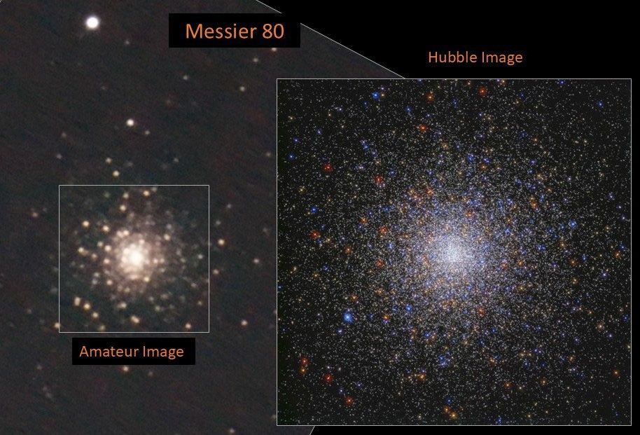 Left: amateur image, right: Hubble image of Messier 80. The both images show a sphere of stars, but the Hubble image is much more detailed. It reveals a bright-white core packed with stars. The Hubble image also reveals individual stars in colors of red, orange, yellow, blue, and white.