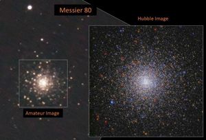 Left: amateur image, right: Hubble image of Messier 80. The both images show a sphere of stars, but the Hubble image is much more detailed. It reveals a bright-white core packed with stars. The Hubble image also reveals individual stars in colors of red, orange, yellow, blue, and white.