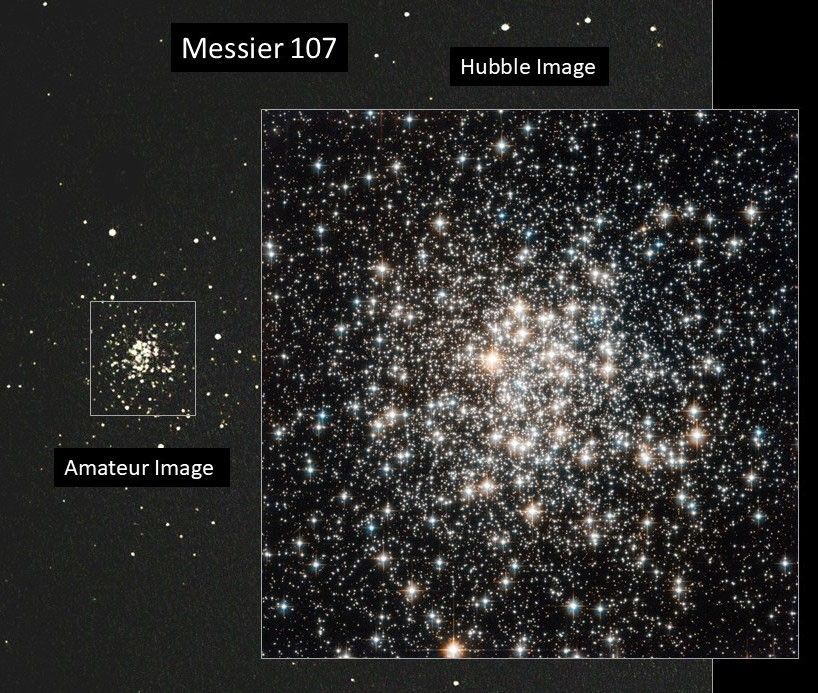 Left: amateur image, right: Hubble image of Messier 107, a roughly spherical ball of stars.