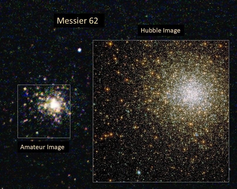 Left: amateur image, right: Hubble image of the globular cluster Messier 62.
