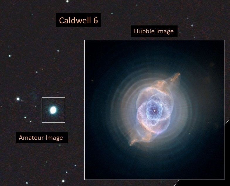 Left: amateur image, right: Hubble image of the nebula Caldwell 6. The amateur image looks like a bright-white ball edged in light green. The Hubble image reveals bright cloud rings in colors of blue, pink, white, and salmon all surrounding a bright central point.