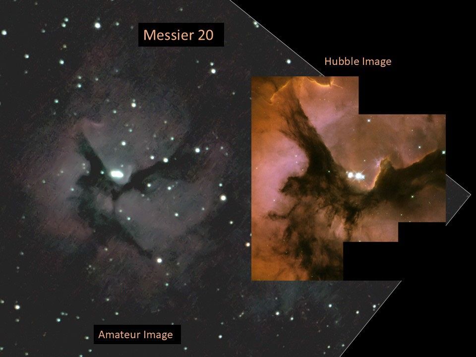 Left: amateur image, right: Hubble image of the nebula Messier 20.