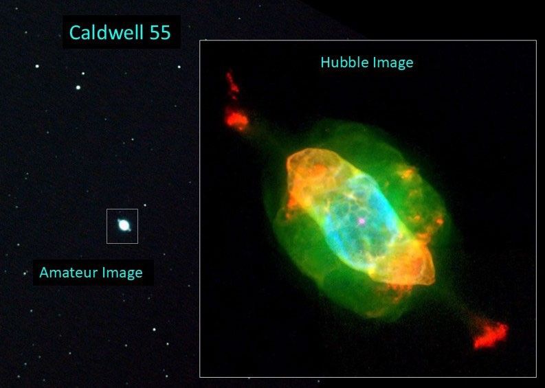 Left: amateur image, right: Hubble image of the nebula Caldwell 55. The amateur image appears as a white circle. The Hubble image reveals layers of colorful clouds in colors of red, green, orange, yellow, and cyane.