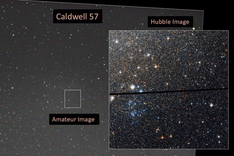 Left: amateur image, right: Hubble image of the dwarf irregular galaxy Caldwell 57. The amateur image shows a field of stars on a dark grey background. The Hubble image reveals more stars in colors of white, blue, orange, and red. A dark line, called a chip gap, is an area where no data was collected.