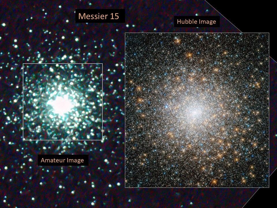 Left: amateur image, right: Hubble image of the globular cluster Messier 15. The amateur image reveals a sphere of stars with a bright-white center. The Hubble image shows a sphere of stars in colors of orange, blue, yellow, and white. The cluster's core is also bright white , but Hubble reveals individual stars instead of a uniform white glow.
