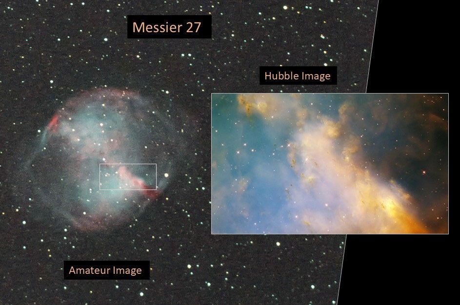 Left: amateur image, right: Hubble image of the nebula Messier 27.
