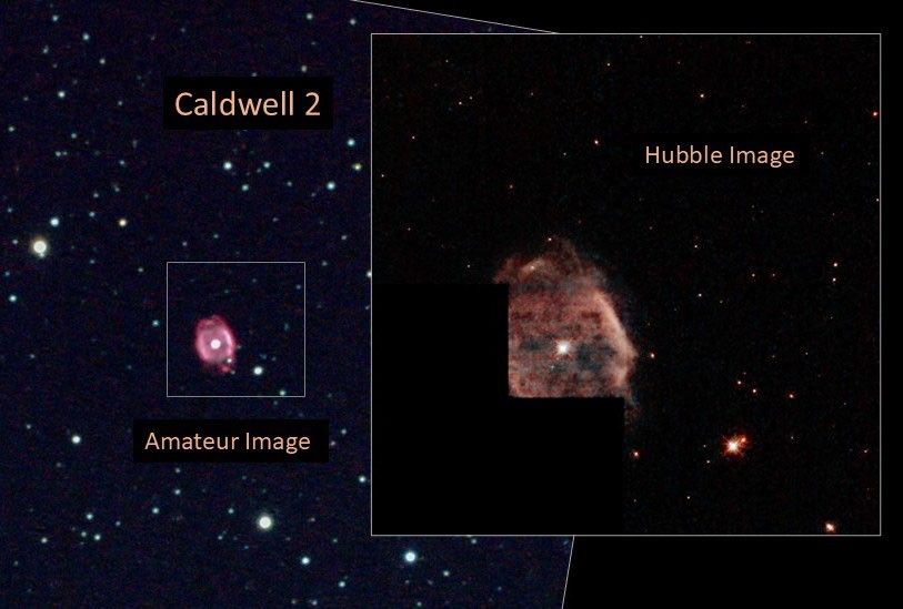 Left: amateur image, right: Hubble image of the nebula Caldwell 2.
