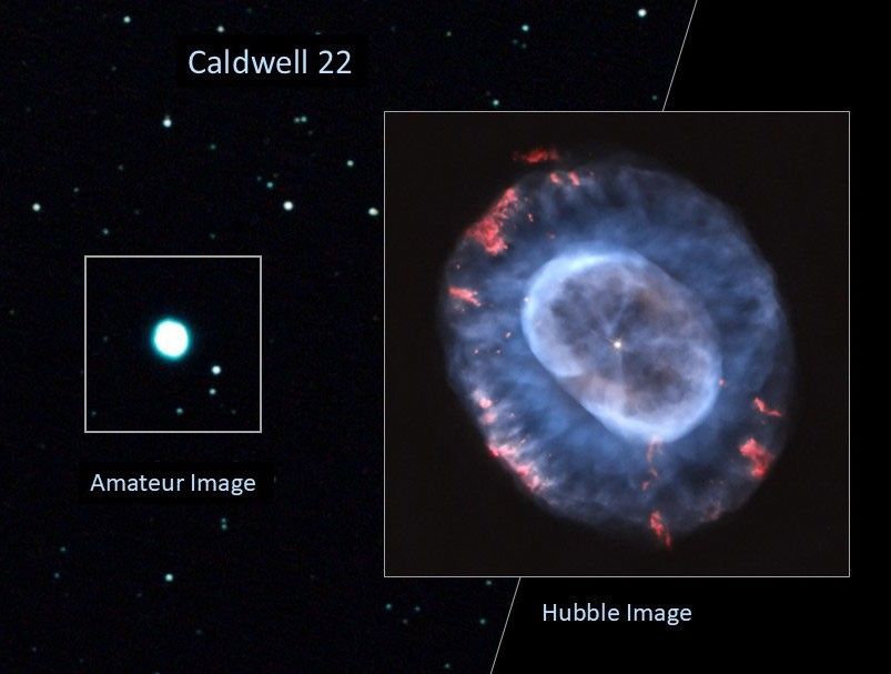 Left: amateur image, right: Hubble image of the nebula Caldwell 22. The amateur image shows a white oval outlined with a blue-green ring. The Hubble image reveals a blue cloud with pinkish clouds along its edge. The nebula's inner cloud is a brighter blue and a bright dot is at its center.