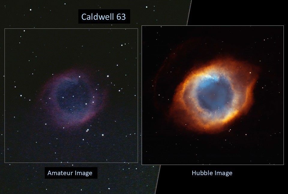 Left: amateur image, right: Hubble image of Caldwell 63. The amateur image shows a faint ring of blue, purple, and pink gas against a black background dotted with stars. The Hubble image shows a bright rusty-orange ring, with an inner yellow, then white, then blue ring against a black background with a few stars.