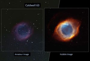 Left: amateur image, right: Hubble image of Caldwell 63. The amateur image shows a faint ring of blue, purple, and pink gas against a black background dotted with stars. The Hubble image shows a bright rusty-orange ring, with an inner yellow, then white, then blue ring against a black background with a few stars.