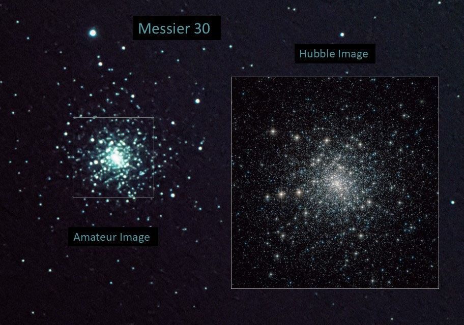 Left: amateur image, right: Hubble image of the globular cluster Messier 30.
