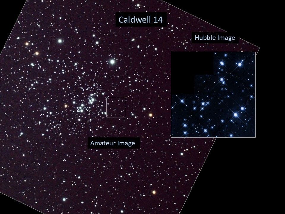 Left: amateur image, right: Hubble image of the pair of open clusters Caldwell 14.