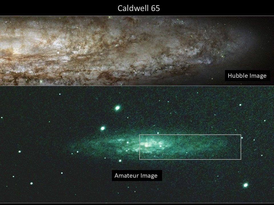 bottom: amateur image, top: Hubble image of the spiral galaxy Caldwell 65. The Hubble image shows half of the spiral galaxy, which fills the field of view. The Hubble image reveals star forming regions and dust lanes in the galaxy's spiral arms as well as the galaxy's bright center. The amateur image reveals the entire galaxy. It appears greenish-white and holds a rectangle that denotes the area in the Hubble image.