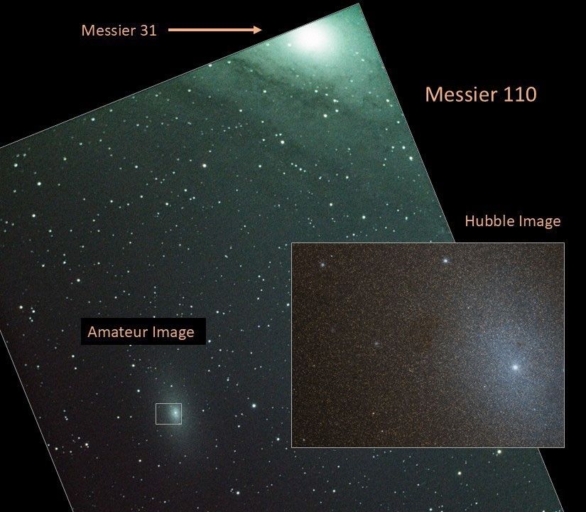Left: amateur image, right: Hubble image of the globular cluster Messier 110.