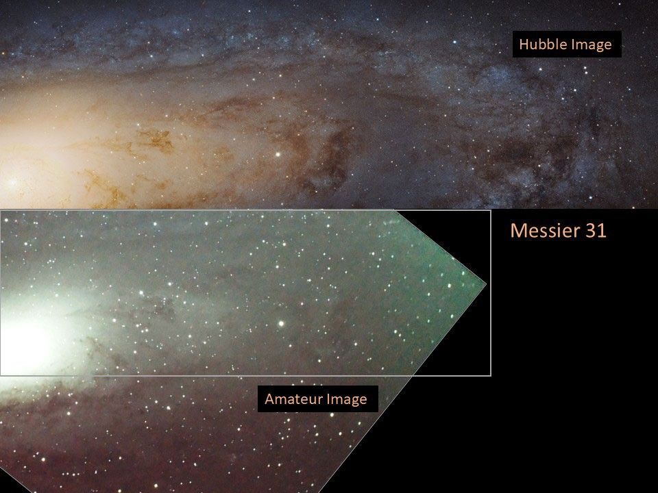Bottom: amateur image, Top: Hubble image of the Messier 31, the Andromeda Galaxy.
