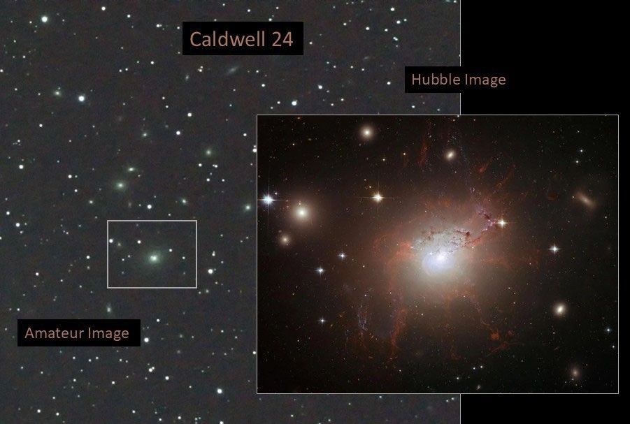 Left: amateur image, right: Hubble image of the elliptical galaxy Caldwell 24.
