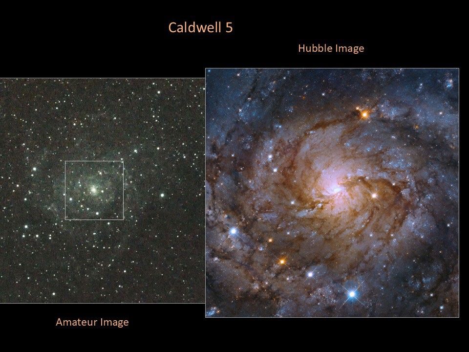 left: amateur image, right: Hubble image of the spiral galaxy Caldwell 5.