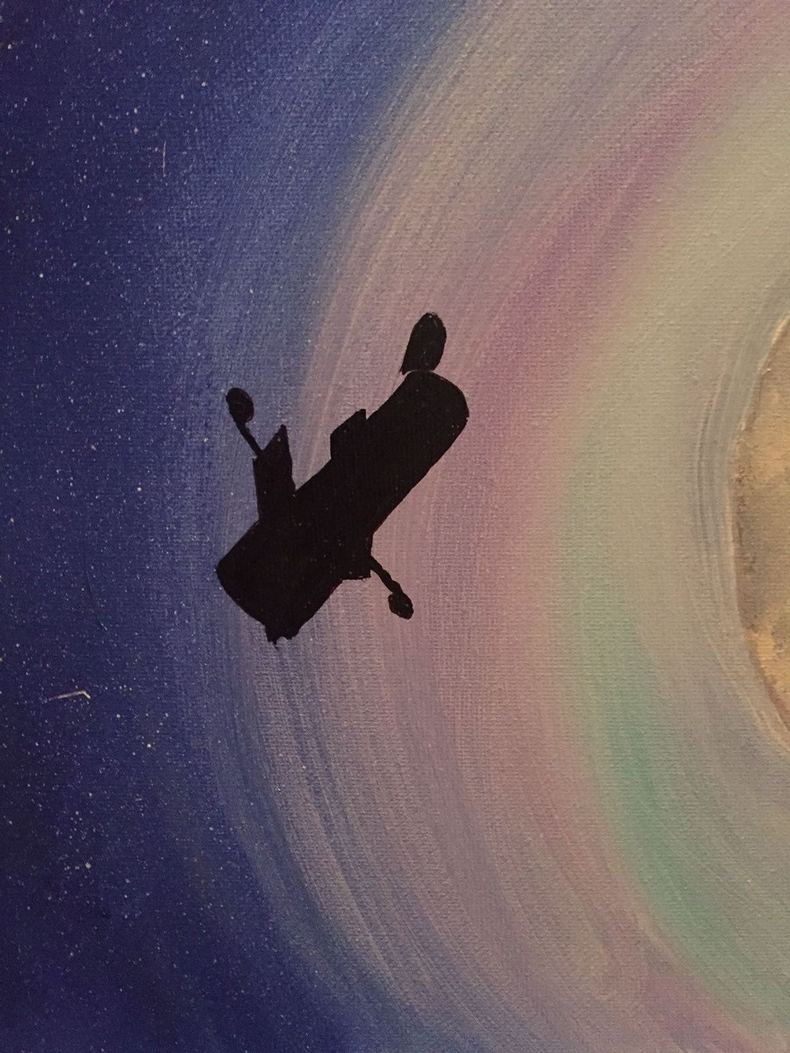 An acrylic painting of space. Starting from the yellow star on the far right, colors form circular arcs around it moving leftward in aqua, magenta, lavender, and purple-blue, while the left has a dark blue background to represent the vacuum of space with many small white dots for other stars. In the foreground, the Hubble Space Telescope is silhouetted in black.
