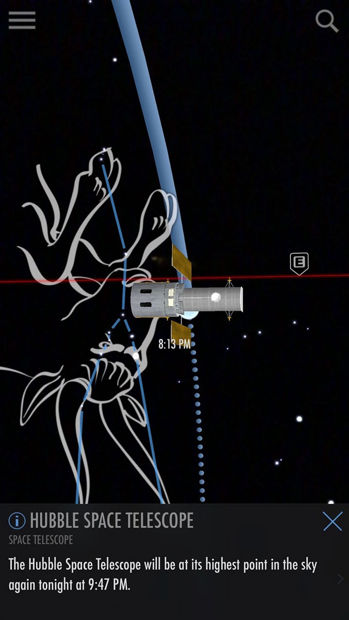 A phone screenshot from a stargazing app. The constellation Taurus, with the lines connecting the stars and the drawing of the bull, is visible on the background on the left, with a 3D graphic design model of Hubble visible in the foreground.