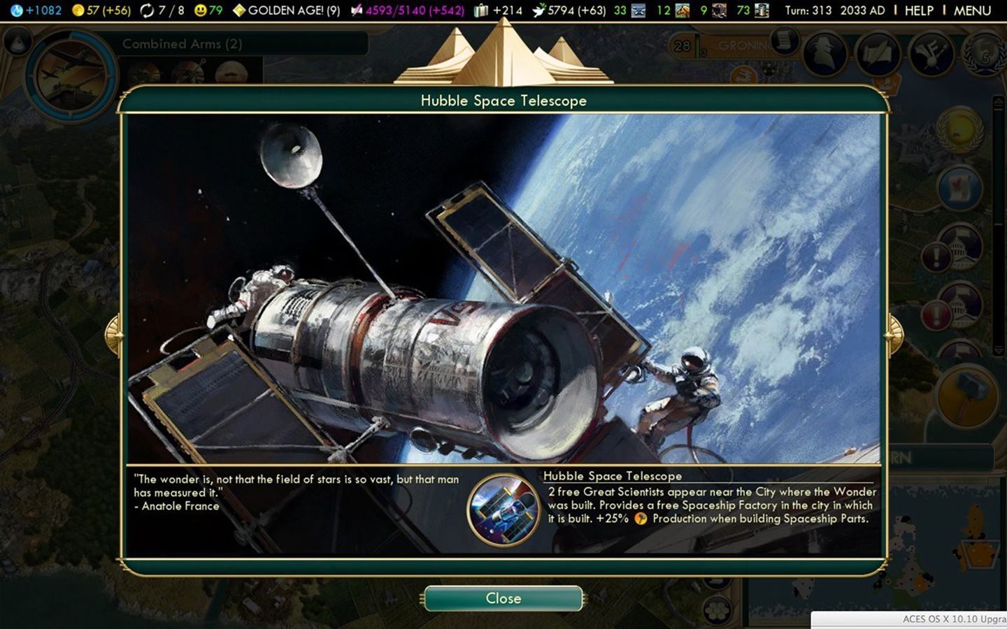 A screenshot from a computer game that has an entry for the Hubble Space Telescope. The screenshot shows a large box in the center of the screen showing a picture of Hubble over Earth with an astronaut on it, and some text at the bottom talking about it.