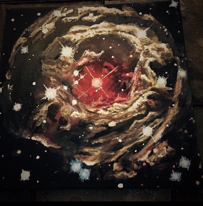 A canvas painting of Hubble's image of V838 Monocerotis: a bright central star surrounded by red gas near the center and clouds of whitish-brown gas further away, with other bright stars visible throughout.