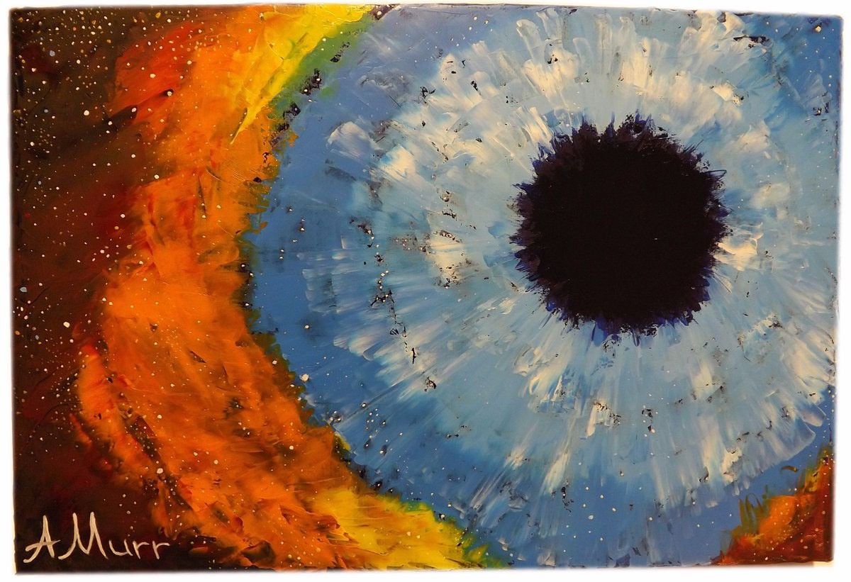 A painting of a galaxy. The center is black, like the pupil of an eye, surrounded by a large cloud of blue that starts light and gets darker going outward; it looks like the iris of an eye. A thin layer of green separates the blue from a thin layer of yellow and thicker layer of orange. The other edges are dark red, with white dots of stars throughout.