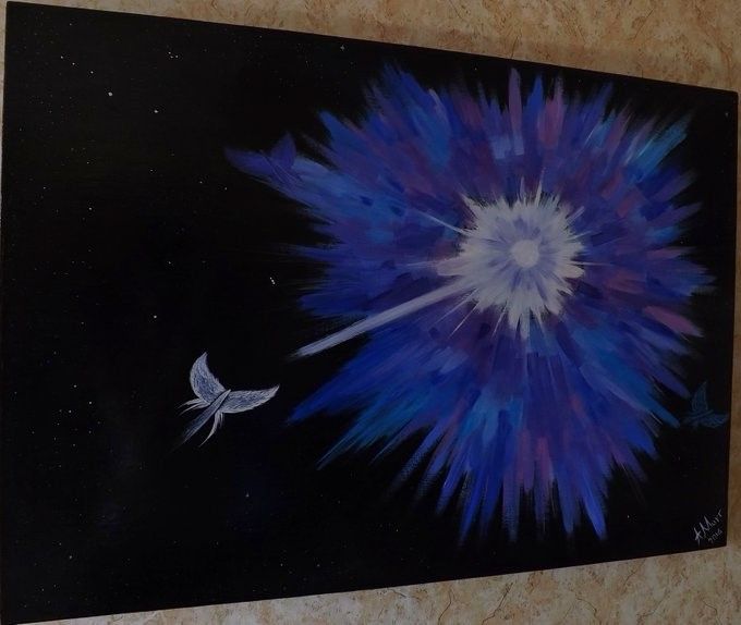 A painting of a supernova, where the center is a light blue surrounded by darker blue and purple. A light-blue line extends out from the center to a winged creature of a similar color painted to the left of it, all on a black background with dots of white stars.