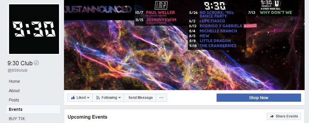 Screenshot of a Facebook page from a group called the 9:30 club, with the words "9:30" in white on a black background as the profile picture in the upper left. The page's cover photo is the Hubble image of the Veil Nebula.