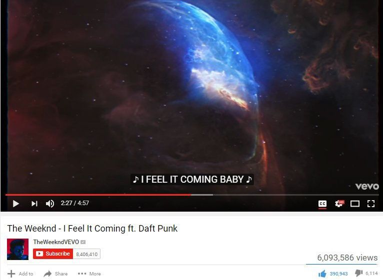A screenshot of a YouTube music video of "I Feel It Coming ft. Daft Punk" by The Weeknd. The video is paused at 2:27 out of 4:57, on the Hubble image of the Bubble Nebula.