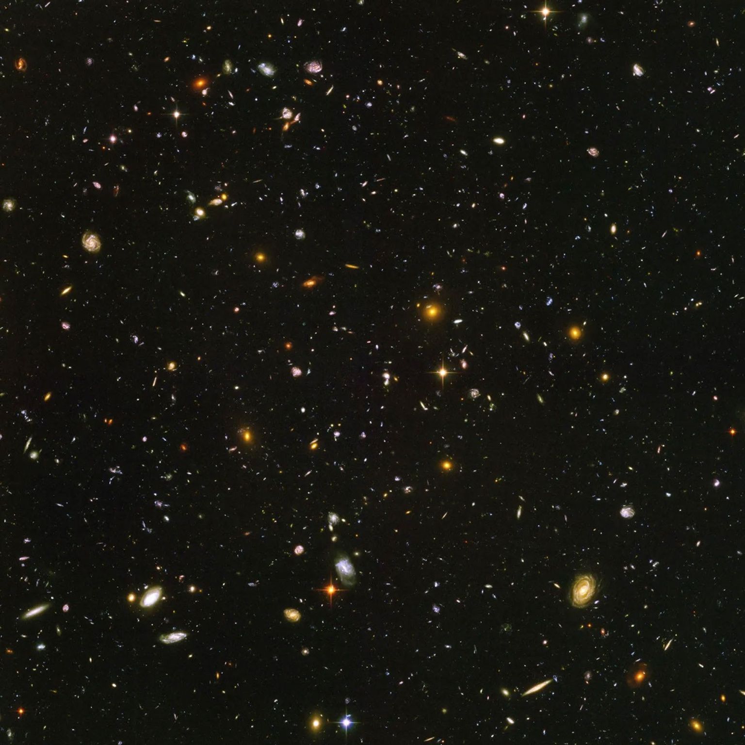 El campo está lleno de galaxias de colores blanco, amarillo, azul-blanco y rojo, todas sobre un fondo negro.