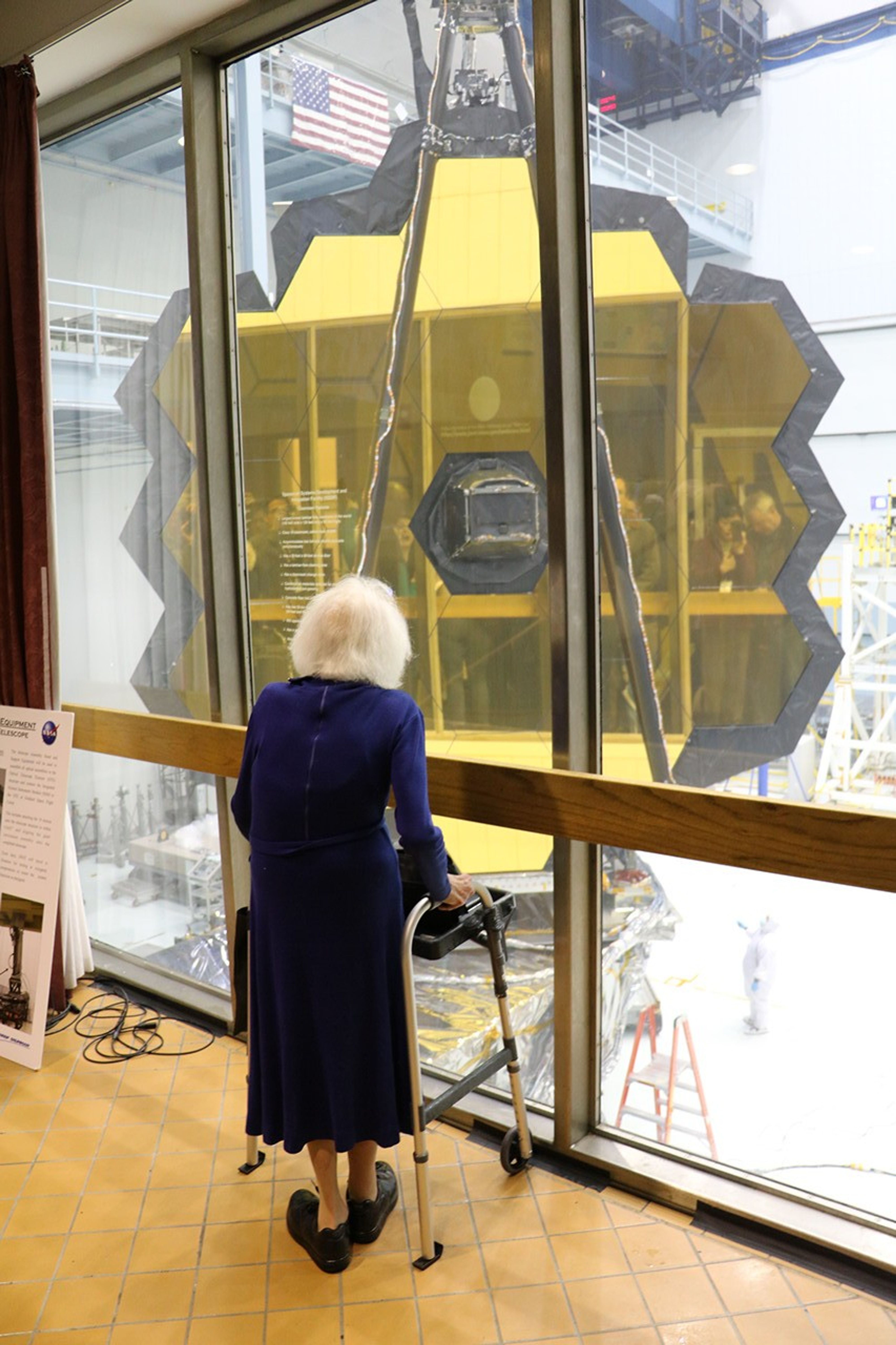 Dr. Roman faces the clean room where JWST is being assembled, her back to the camera.