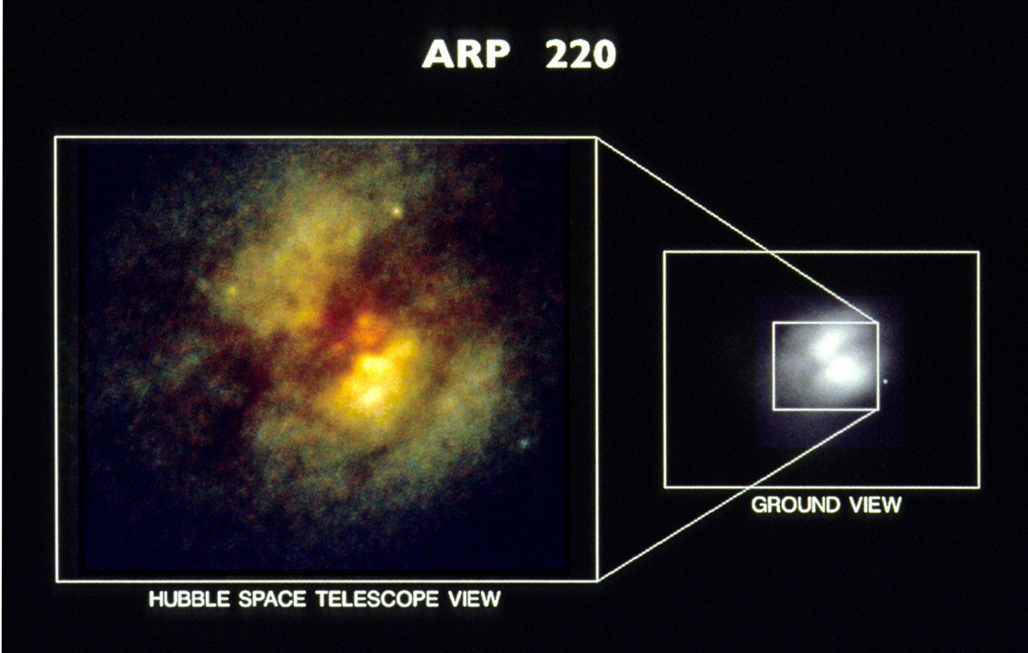 The Core of Peculiar Galaxy Arp 220 (Ground-based vs. Hubble)