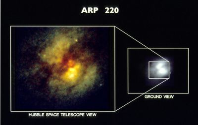 The Core of Peculiar Galaxy Arp 220 (Ground-based vs. Hubble)