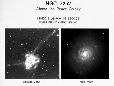 Merging galaxy NGC 7252 From the Ground (left) and From Hubble (right)