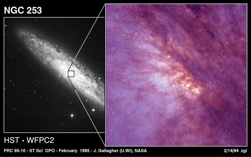 Spiral Galaxy NGC 253 (left) and Its Core Full of Star Formation