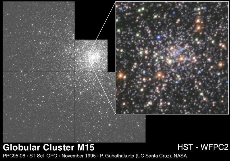 Globular Star Cluster M15 (right) and Its Center (left)