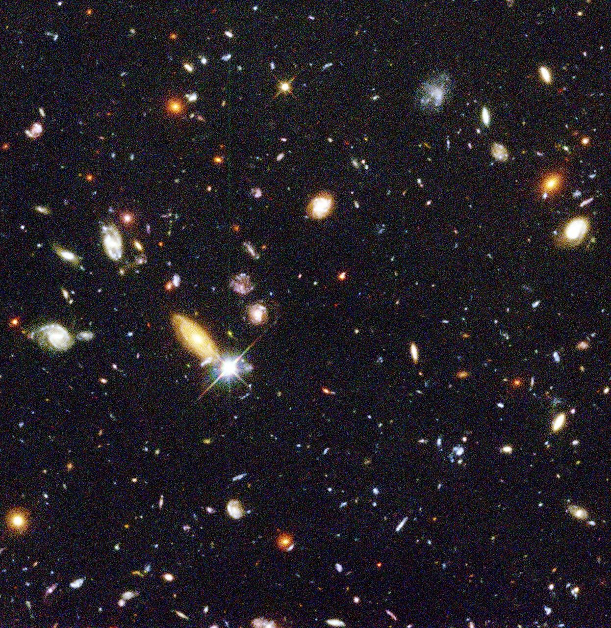 On a grainy black background, dozens of galaxies of various shapes, sizes, and colors are scattered.