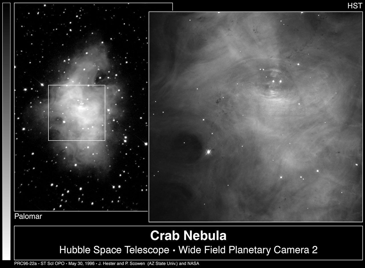 The Crab Nebula From the Ground (left) and Its Interior With Pulsar